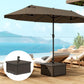 Brown umbrella base with pole mount and attached side planter box
