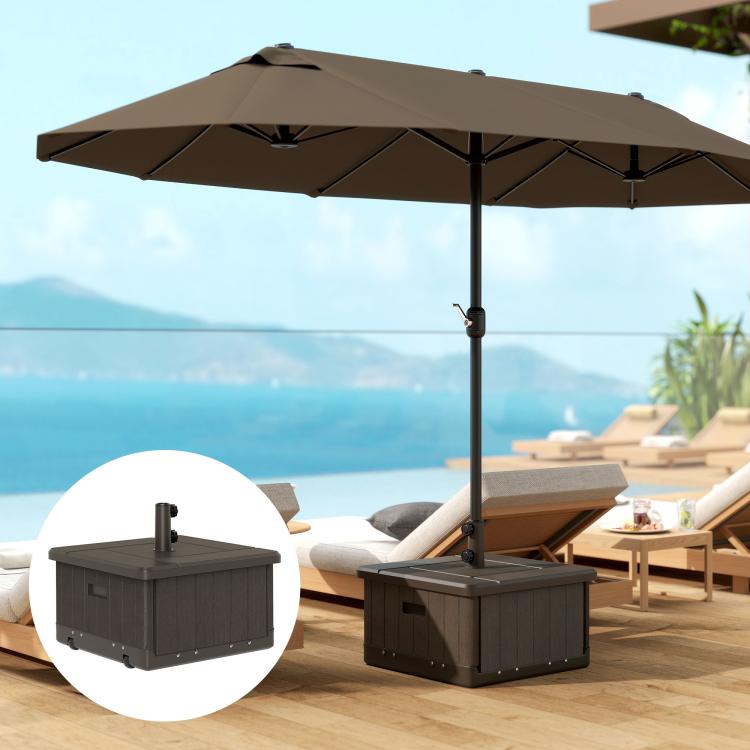 Brown umbrella base with pole mount and attached side planter box