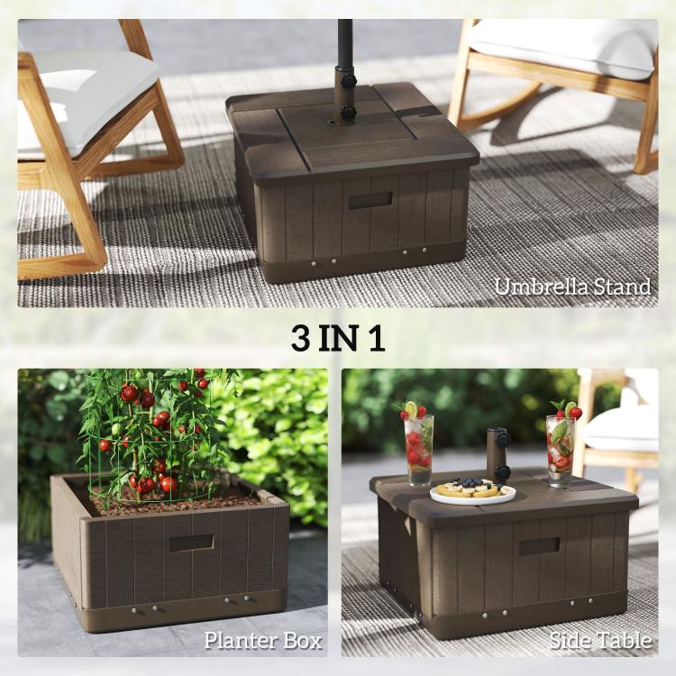 Brown 3-in-1 outdoor umbrella base with side table and planter box