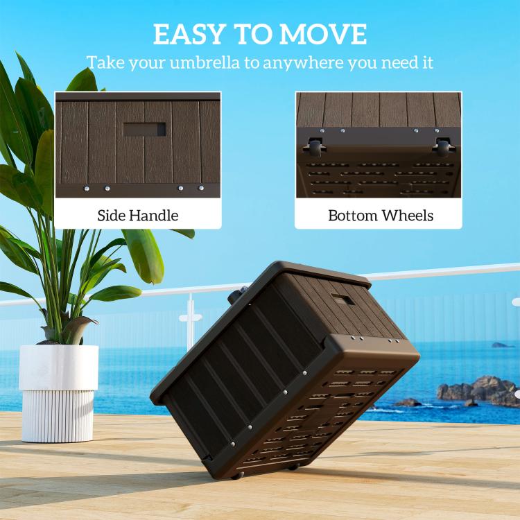 Brown umbrella base with side handle and bottom wheels for easy moving