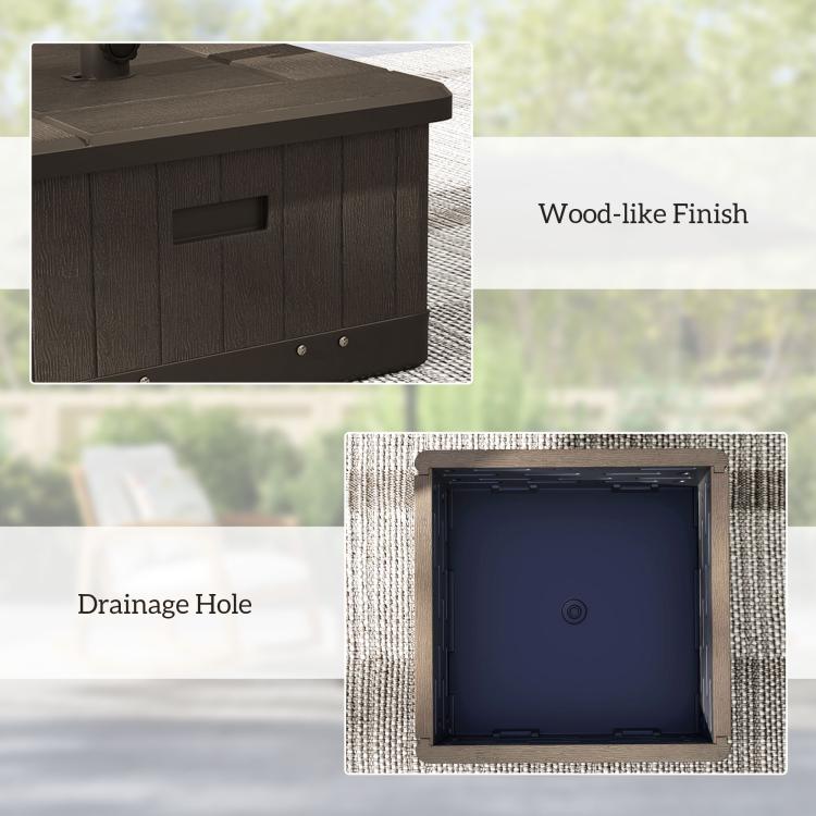 Brown umbrella base with wood-like finish and drainage hole
