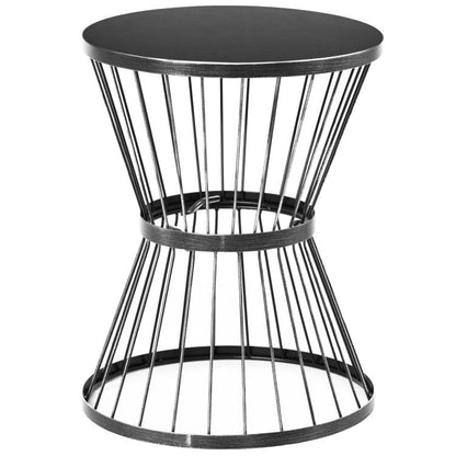 Black metal hourglass side table with round top and vertical wire frame