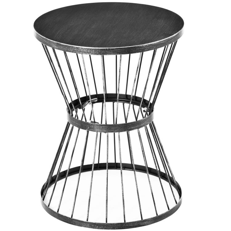 Black round-top hourglass end table with cylindrical wire sides and curved frame
