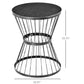 Black hourglass metal side table, round top with vertical wire legs and sizing lines