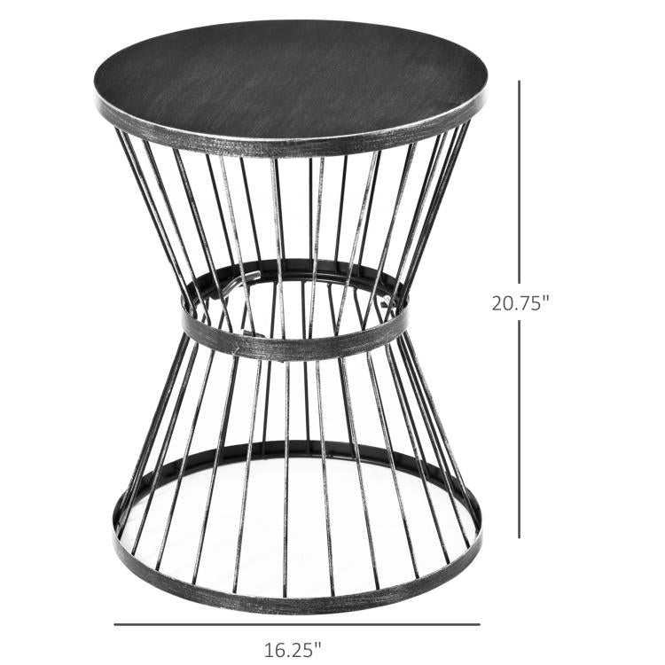 Black hourglass metal side table, round top with vertical wire legs and sizing lines