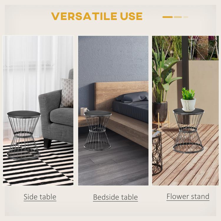 Black round-top hourglass side table styled as side table, bedside table, and flower stand