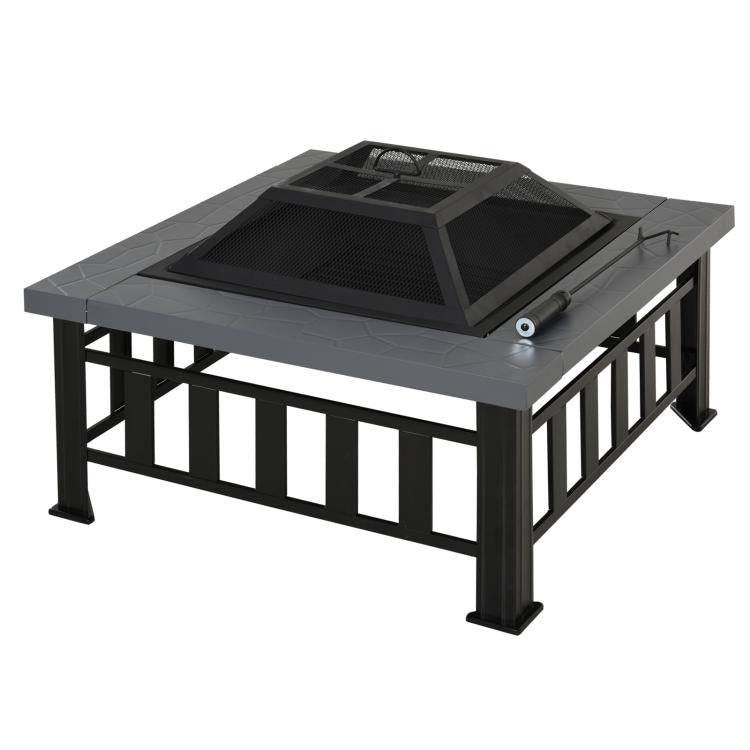 Square steel outdoor fire pit with spark screen and mesh lid on black frame