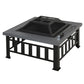 Square steel wood-burning fire pit with mesh spark screen on black base