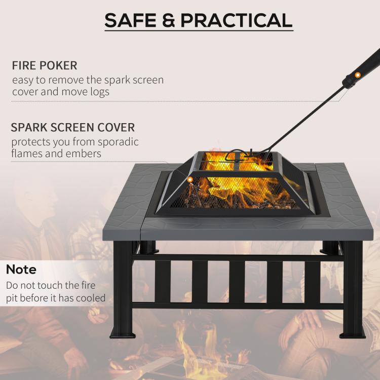 Square fire pit with spark screen cover and long fire poker tool for log handling