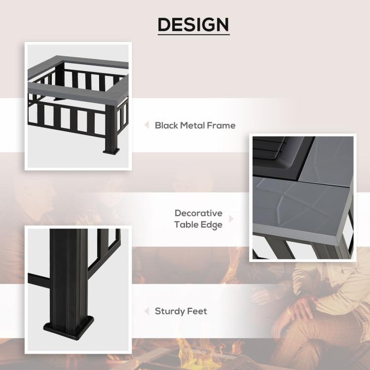Outdoor fire pit design with black metal frame, decorative table edge, and sturdy feet