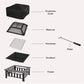 Fire pit parts layout: protective cover, mesh lid, fire grate, poker, fire bowl, frame