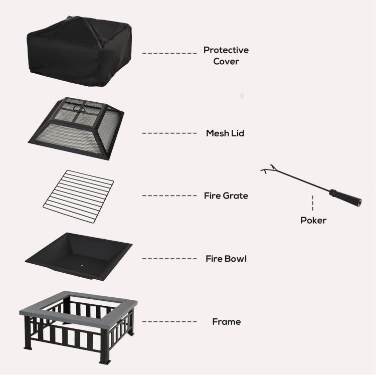 Fire pit parts layout: protective cover, mesh lid, fire grate, poker, fire bowl, frame
