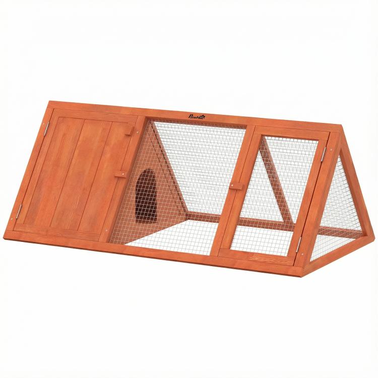 Wooden triangular rabbit hutch with wire mesh and hinged double doors