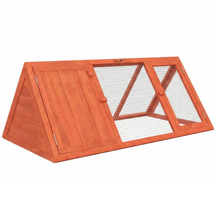 Wooden triangular hutch with wire mesh panels and large hinged side door