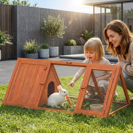 Wooden rabbit hutch on outdoor grass with open door and wire mesh enclosure