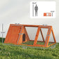 Wooden triangular rabbit hutch with wire mesh and size diagram on grass