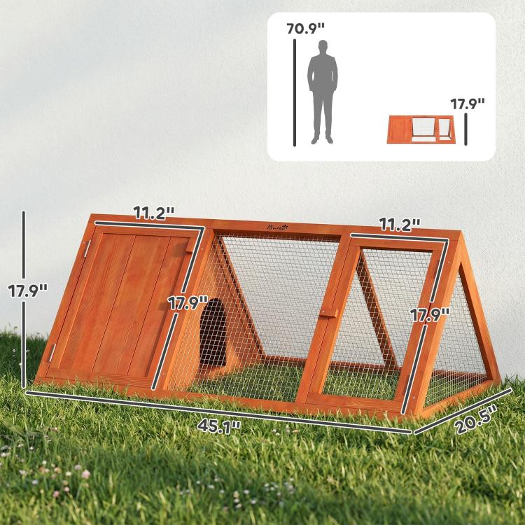 Wooden triangular rabbit hutch with wire mesh and size diagram on grass