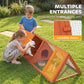 Wooden rabbit hutch with wire mesh and lockable doors as children reach in