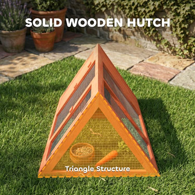 Wooden triangular rabbit hutch with wire mesh and pyramid-style frame on lawn
