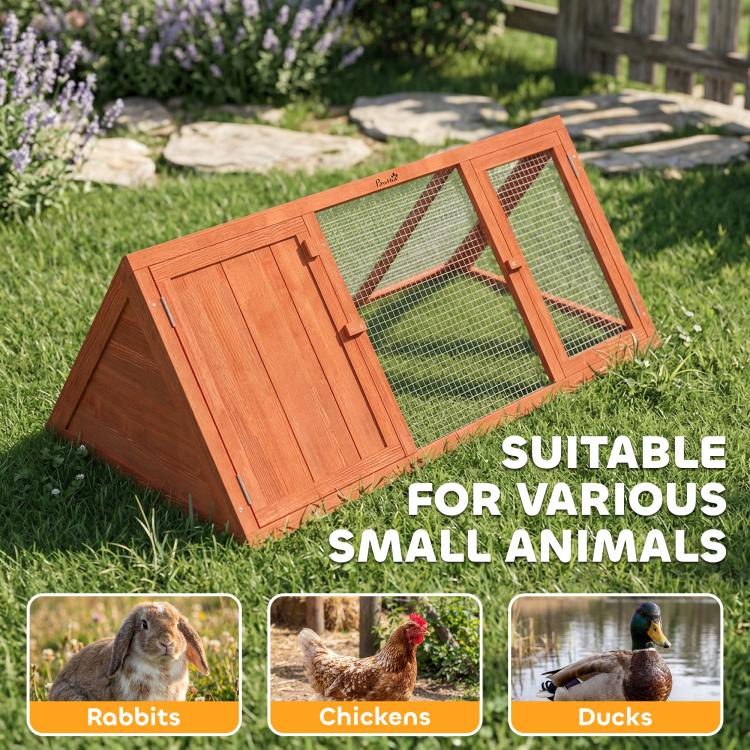 Wooden triangular small-animal hutch with wire mesh panels and raised floor