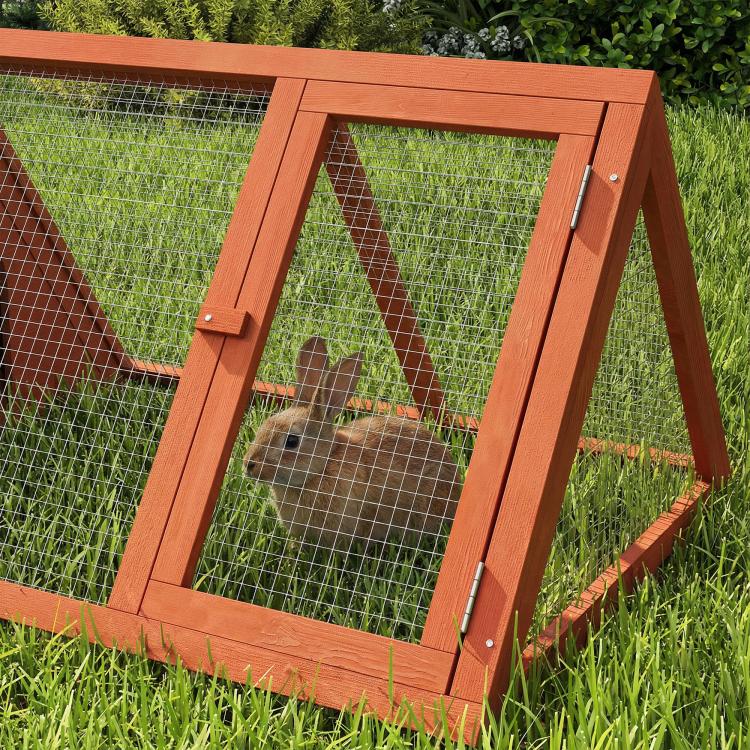 Front view of wooden triangular hutch with wire mesh and two hinged doors
