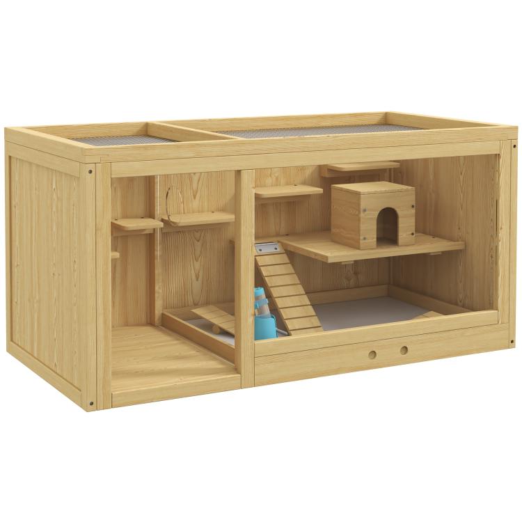 Wood hamster enclosure with open side, internal platforms, ladder, hide, and running area