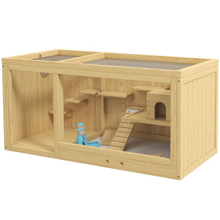 Extra large wooden hamster cage with front opening, ramps, and built-in platforms