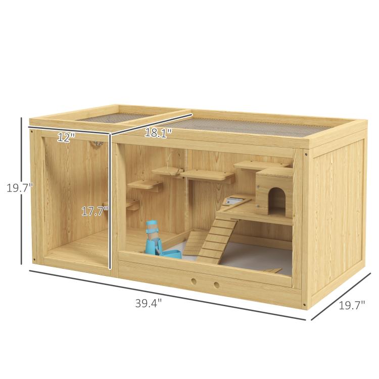 Wood hamster cage dimensions view, open front with ladder and hide on interior shelves