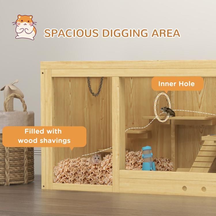 Wood hamster cage with digging area and inner hole, ladder ramp and hut in interior