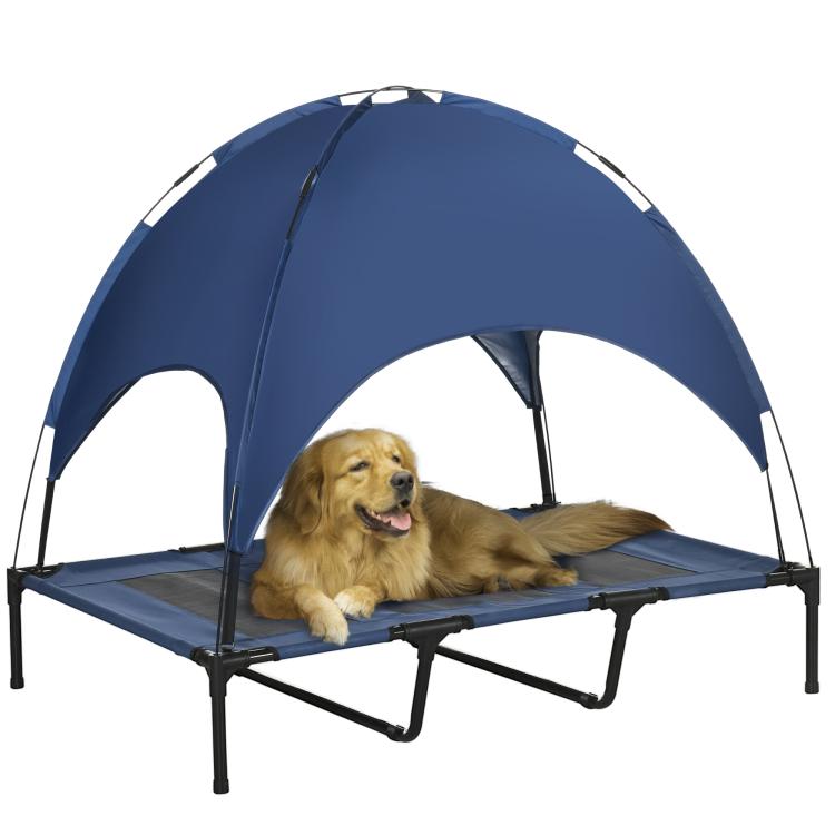 Dark blue dog cot tent with arched canopy and raised black metal legs
