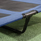 Elevated dog cot with dark blue frame and mesh fabric, black curved legs detail