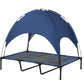 Portable elevated dog cot with dark blue canopy and raised mesh sleeping surface