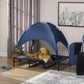 Dark blue elevated dog cot with removable canopy shade and mesh bed