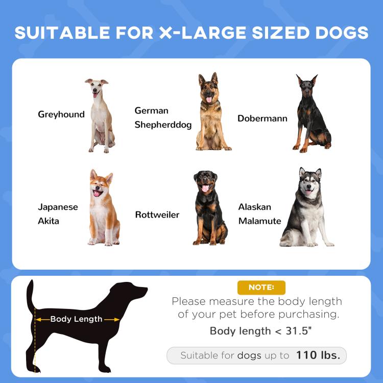 Sizing guide showing X-large dog suitability with breed silhouettes