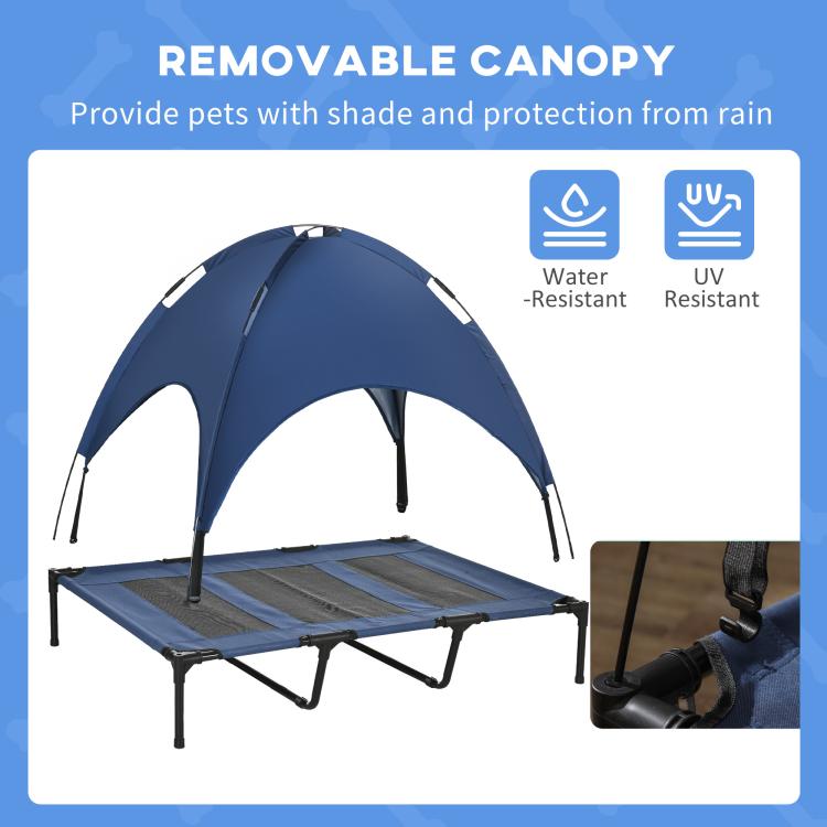 Elevated dog cot with removable canopy for shade and UV protection