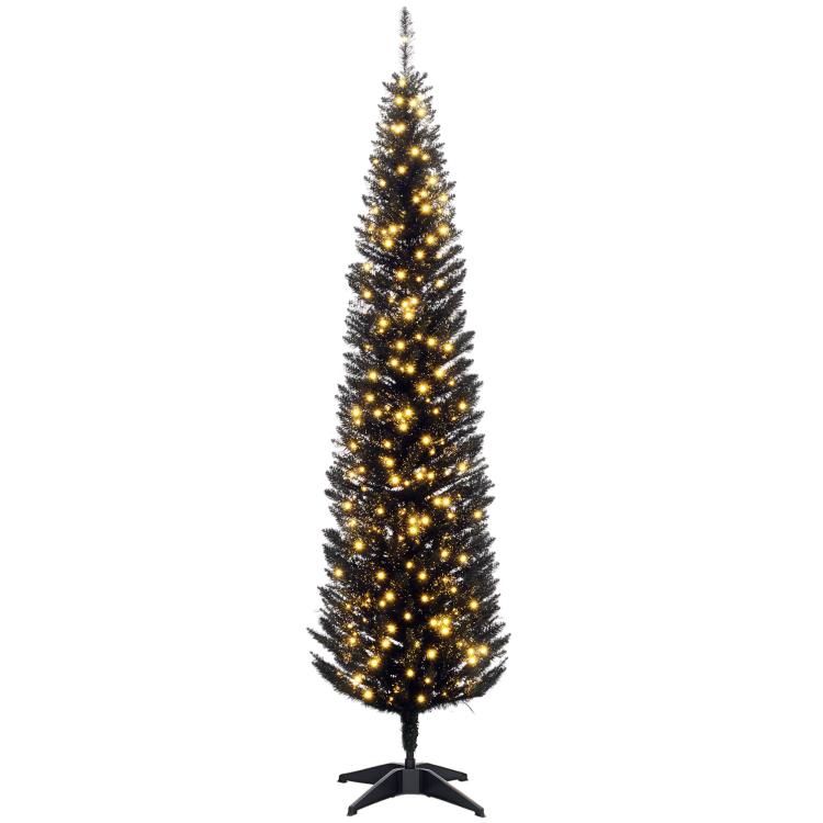 Slim pre-lit pencil Christmas tree with warm white LED lights and black stand base