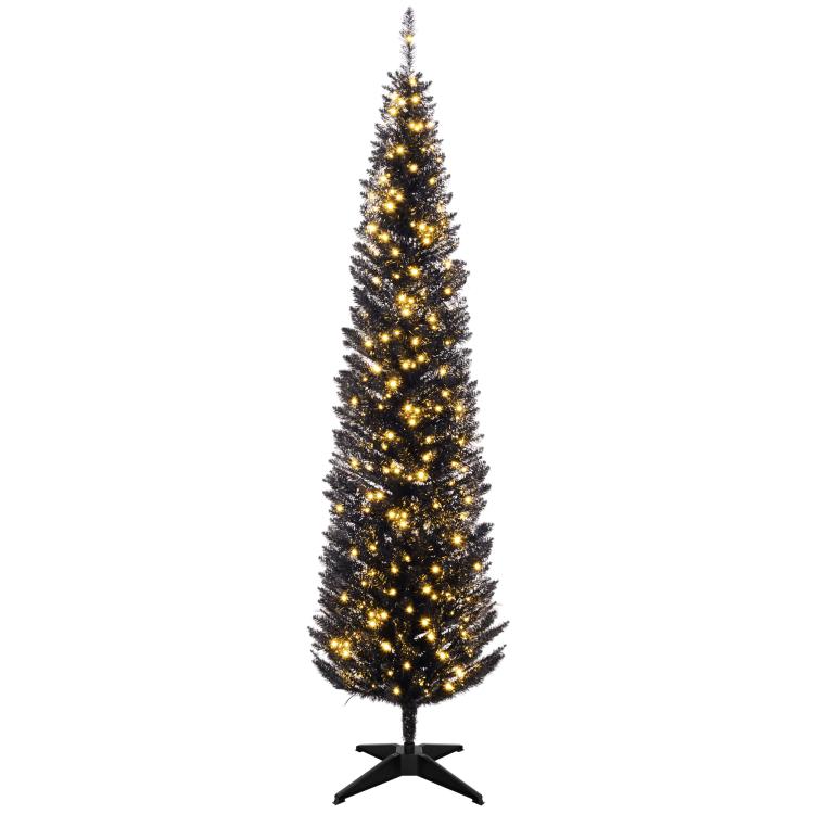 Tall slim pre-lit pencil Christmas tree with warm white LED lights and black base