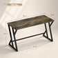 Rustic brown desk with black Z-shaped metal frame and tabletop dimensions