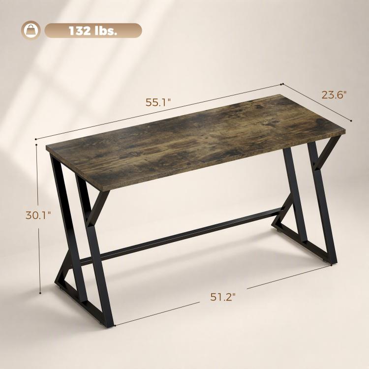 Rustic brown desk with black Z-shaped metal frame and tabletop dimensions
