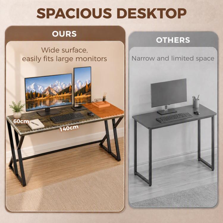Rustic brown desk with black legs supporting monitors, keyboard, and accessories