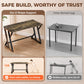 Rustic brown desk with black Z-shaped support legs for stable standing