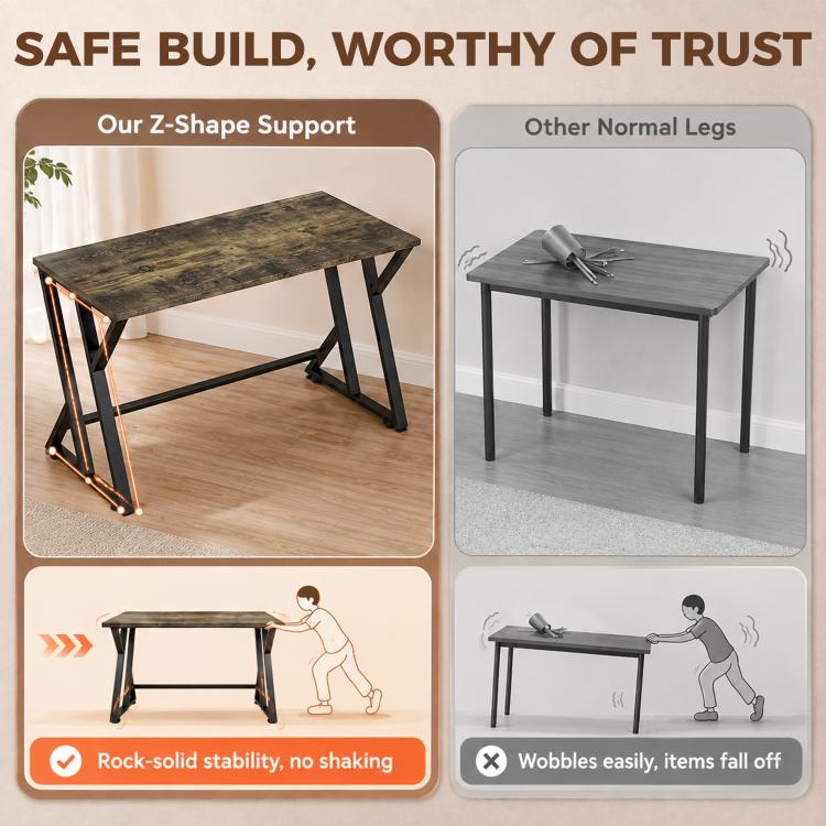 Rustic brown desk with black Z-shaped support legs for stable standing