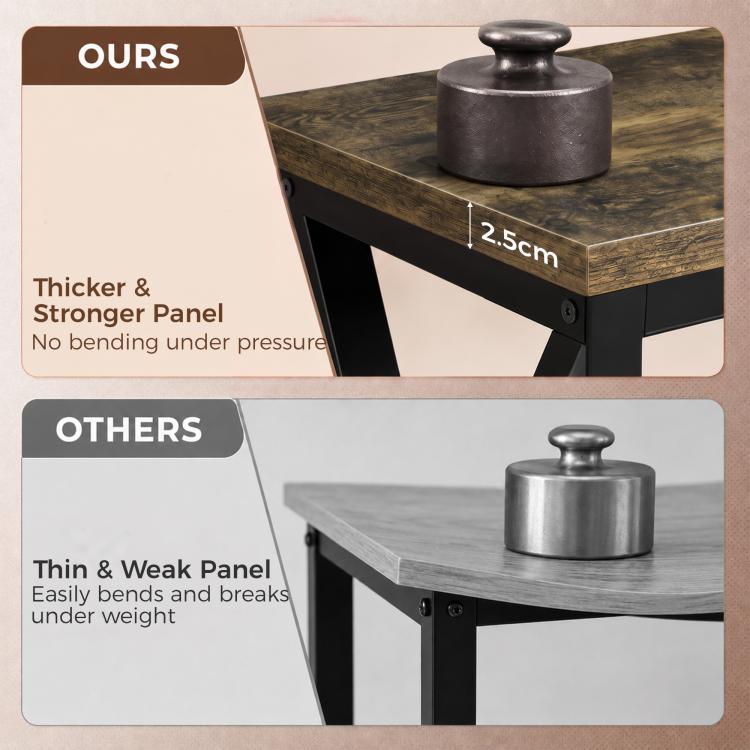 Rustic brown tabletop with black metal leg and edge panel detail