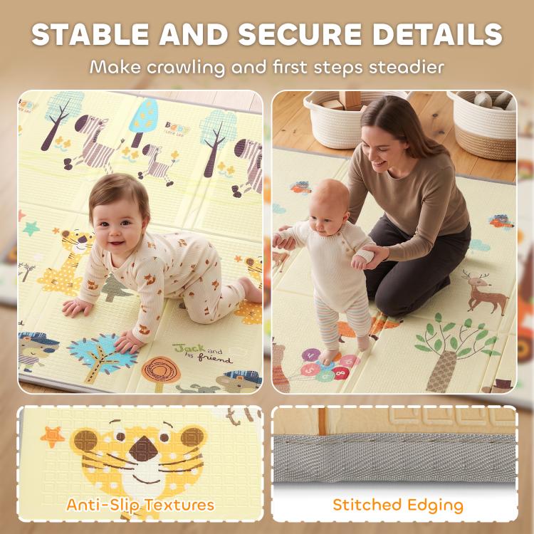 Reversible play mat with anti-slip textured underside and stitched edging, forest animal print