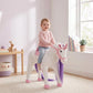 White plush ride-on horse toy with purple long mane and pink bridle
