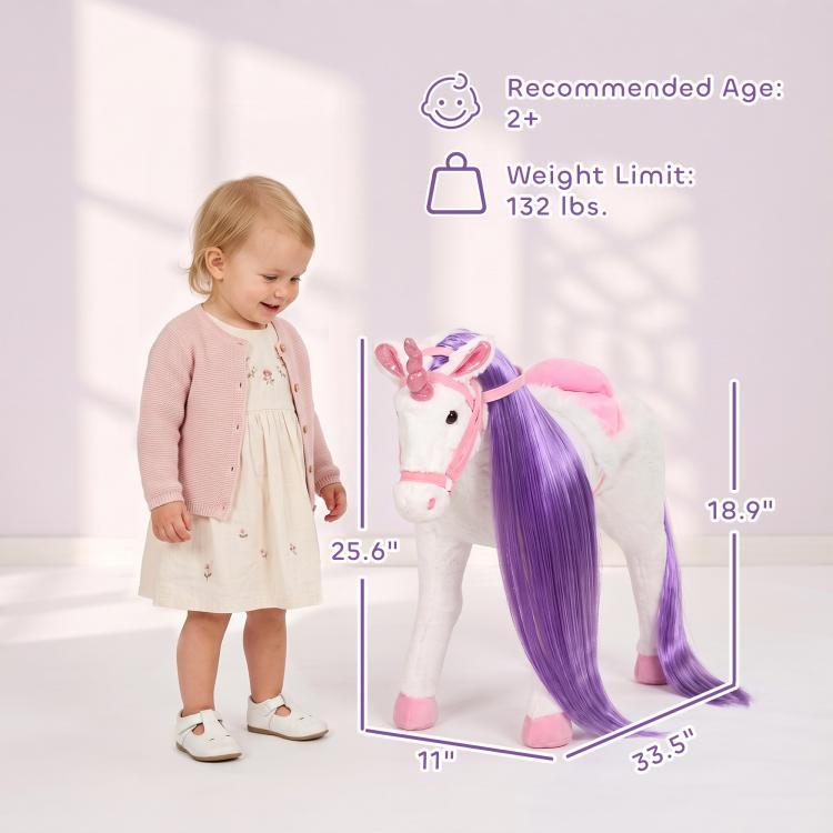 White plush ride-on horse toy with purple mane, pink saddle, and ear details