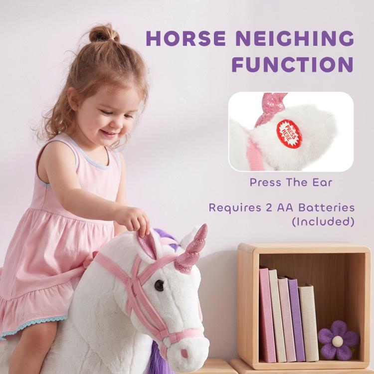 White plush ride-on horse toy with purple mane and pink ear bows
