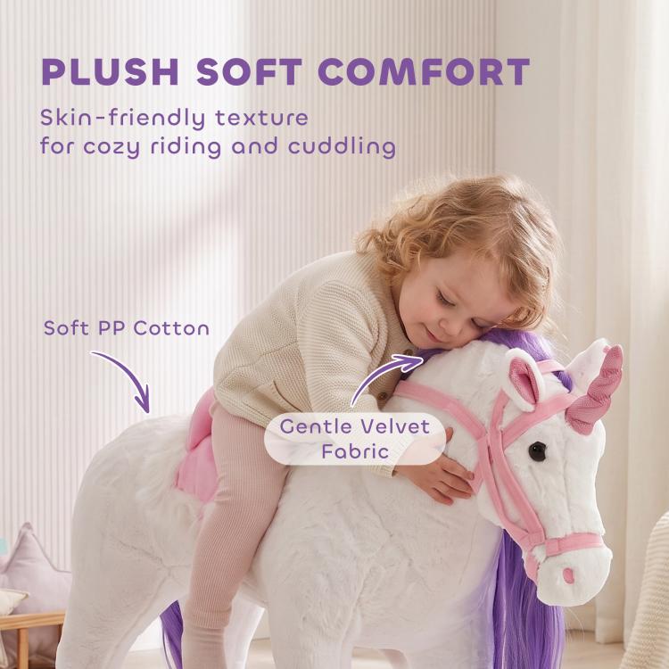 White plush ride-on horse toy with purple braided mane and soft velvet-like fabric