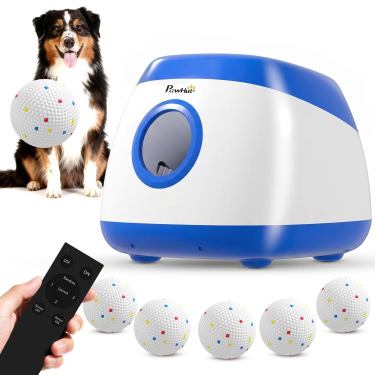 Blue and white automatic dog ball launcher with circular ball opening