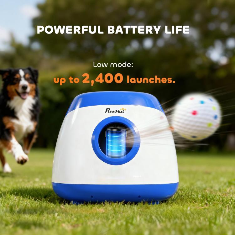 Blue and white dog ball launcher with illuminated battery indicator and ball
